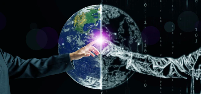 Businessperson connecting with AI hologram on Earth, representing digital twins innovation, data integration, and smart technology bridging humanity and digital intelligence.