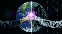 Businessperson connecting with AI hologram on Earth, representing digital twins innovation, data integration, and smart technology bridging humanity and digital intelligence.
