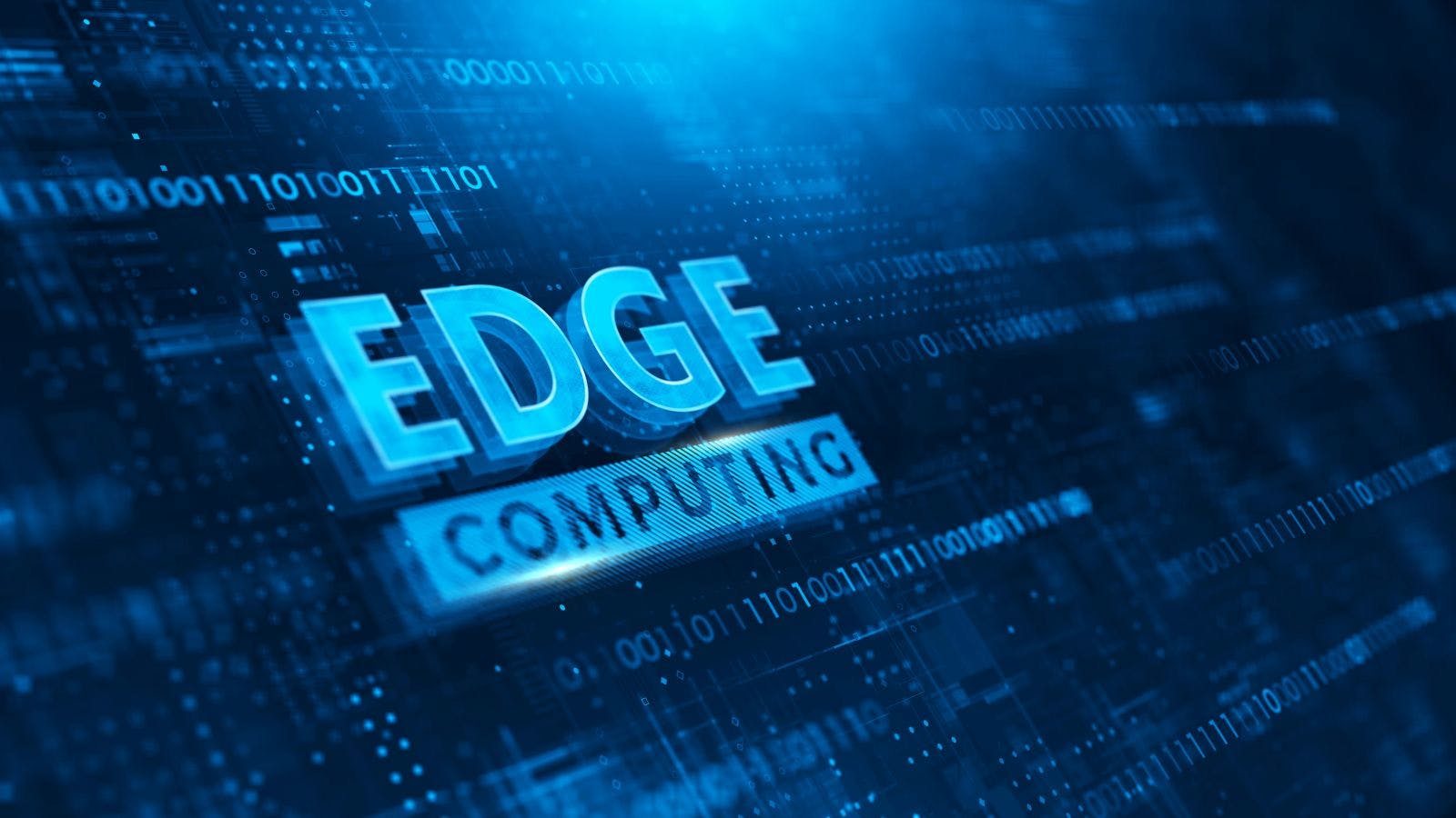 3D rendering of a blue edge computing technology concept. EDGE COMPUTING written on a series of 1s and 0s
