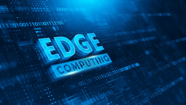3D rendering of a blue edge computing technology concept. EDGE COMPUTING written on a series of 1s and 0s