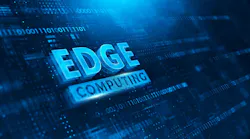 3D rendering of a blue edge computing technology concept. EDGE COMPUTING written on a series of 1s and 0s