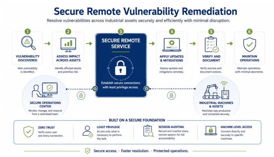 &ldquo;Preparing for the Cyber Resilience Act: a guide for machine builders&rdquo; by Adam Griffin of ei3 includes secure remote vulnerability remediation steps from vulnerability discovery and asset impact assessment to secure remote service, updates, verification and continued operations.