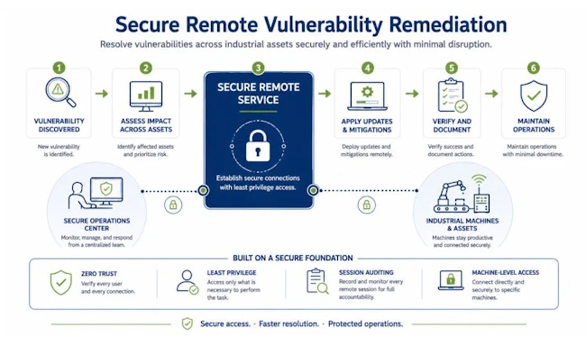 &ldquo;Preparing for the Cyber Resilience Act: a guide for machine builders&rdquo; by Adam Griffin of ei3 includes secure remote vulnerability remediation steps from vulnerability discovery and asset impact assessment to secure remote service, updates, verification and continued operations.
