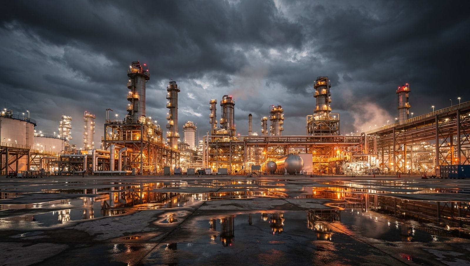 Refinery operations and heavy industry plant with illuminated processing units