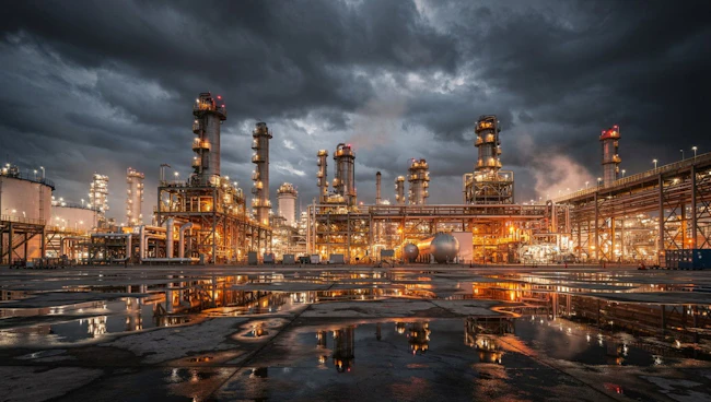 Refinery operations and heavy industry plant with illuminated processing units
