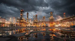 Refinery operations and heavy industry plant with illuminated processing units