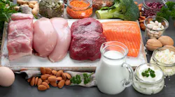 An array of food laid out across a table: raw pork, raw chicken, raw steak, raw salmon, a pitcher of milk, a handful of almonds, broccoli, walnuts, cream cheese, crumbly feta cheese, and more.