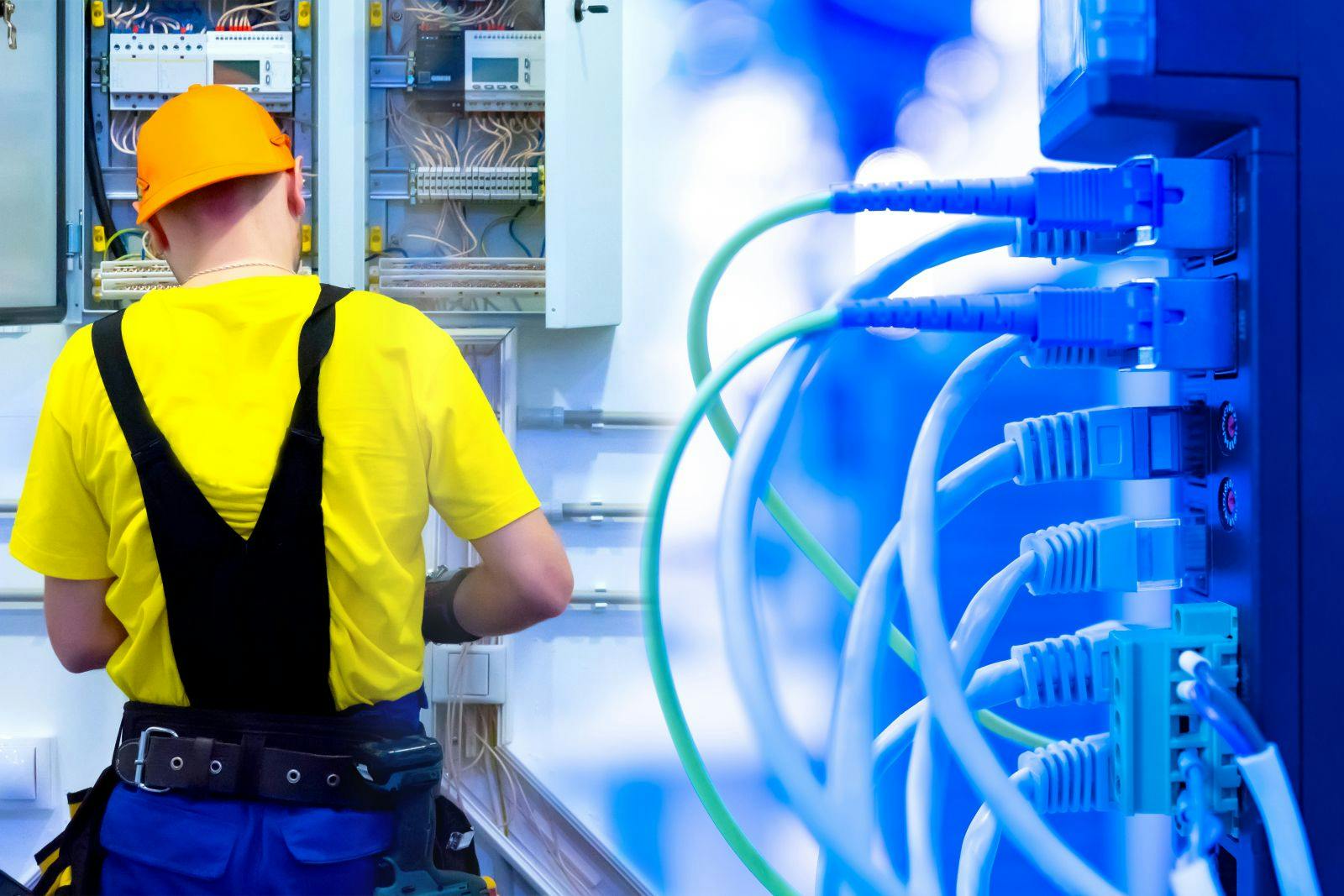 Energy consumption system in the office. The electrician mounts the shield and lays the wires. Installation of the electricity supply system. Block for connecting devices to the electrical network.