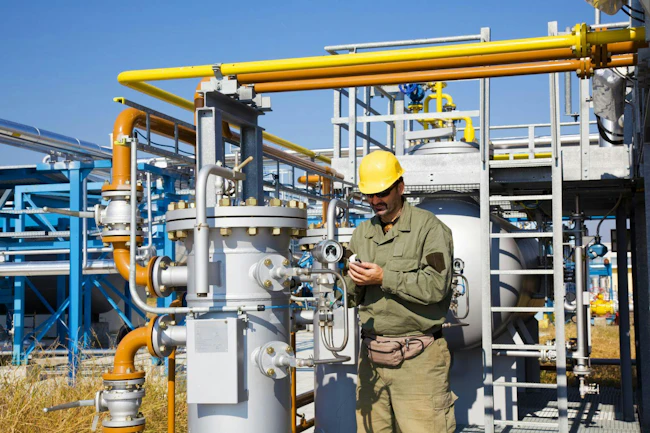 Engineer, oil-workers with large pipeline pump. refinery and pipelines in background. The best focus is on the device to the right side of workers.