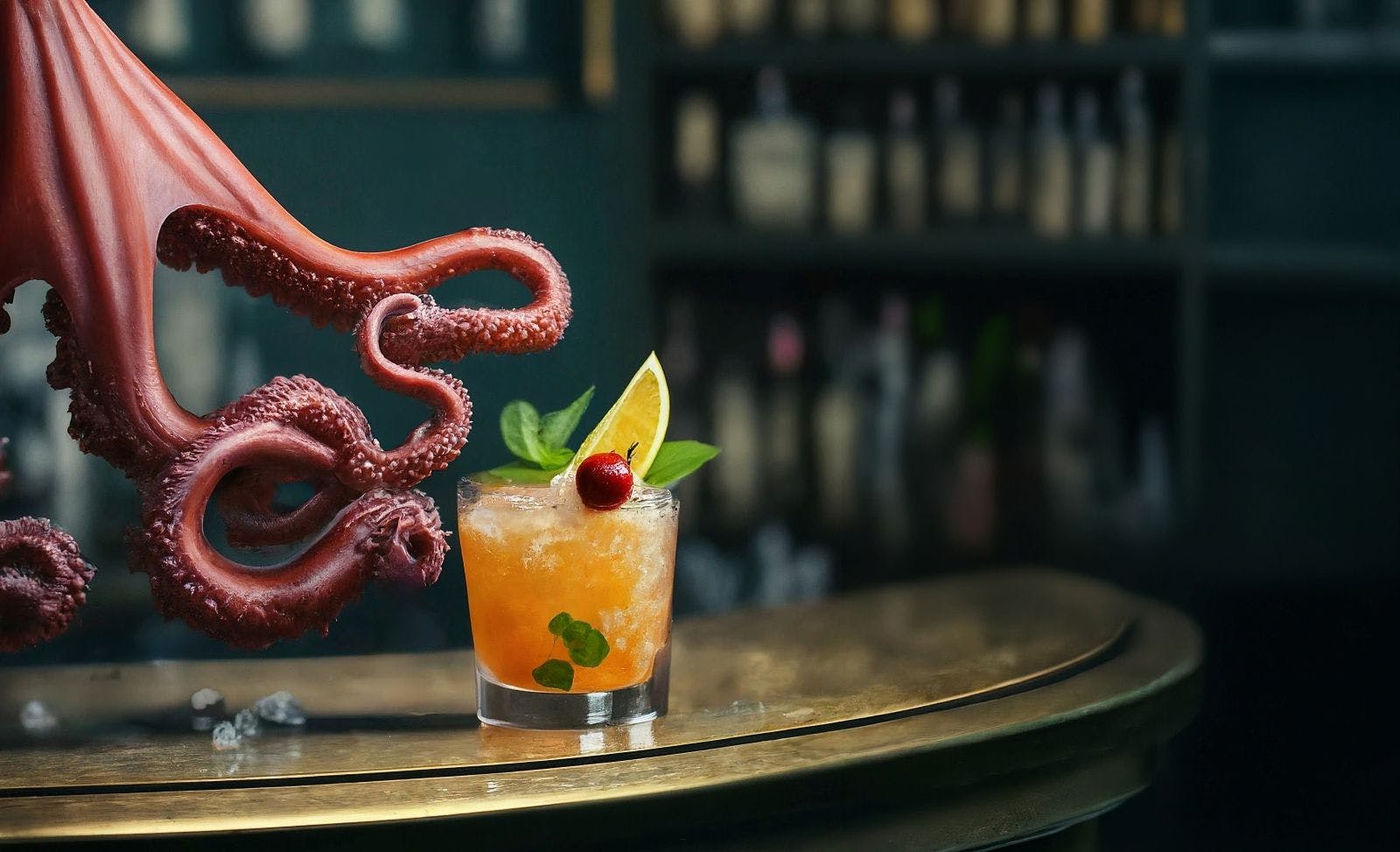 A maroon octopus is holding a tequila sunrise cocktail with its hand at the bar.
