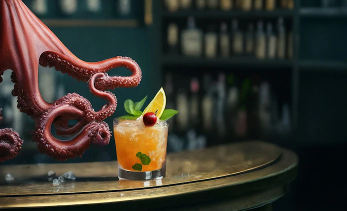 A maroon octopus is holding a tequila sunrise cocktail with its hand at the bar.