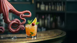 A maroon octopus is holding a tequila sunrise cocktail with its hand at the bar.