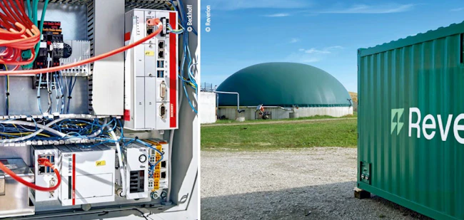 Figure 1: Reverion&rsquo;s biogas power plants are housed in a compact container (right), allow reversible operations, and can reportedly achieve 80% efficiency. It&rsquo;s control architecture uses two computers, including a CX2043 embedded PC (left, bottom) and a C6930 control cabinet industrial PC (left, top), which is expected to be replaced in the future by a C6030 ultra-compact industrial PC.