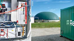 Figure 1: Reverion’s biogas power plants are housed in a compact container (right), allow reversible operations, and can reportedly achieve 80% efficiency. It’s control architecture uses two computers, including a CX2043 embedded PC (left, bottom) and a C6930 control cabinet industrial PC (left, top), which is expected to be replaced in the future by a C6030 ultra-compact industrial PC.