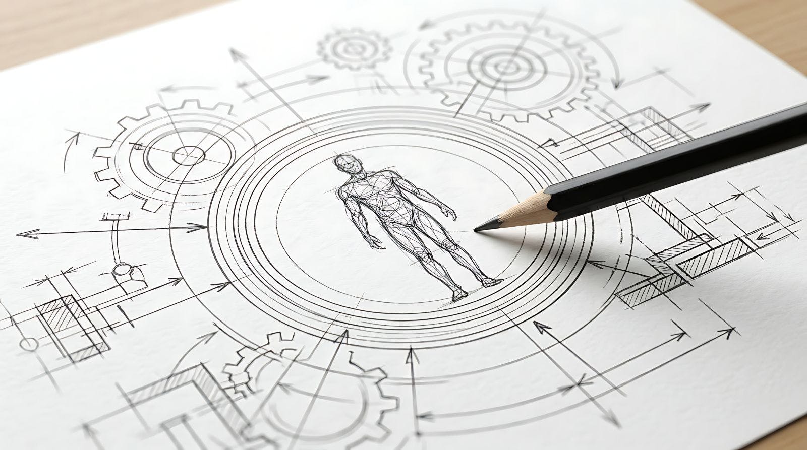 Technical drawing of human anatomy surrounded by mechanical gear components on paper sheet featuring blueprint style sketches and precise engineering measurements for architectural design.