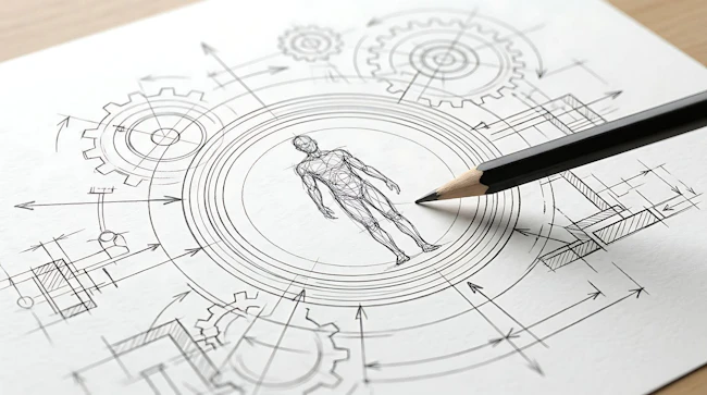 Technical drawing of human anatomy surrounded by mechanical gear components on paper sheet featuring blueprint style sketches and precise engineering measurements for architectural design.