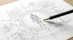 Technical drawing of human anatomy surrounded by mechanical gear components on paper sheet featuring blueprint style sketches and precise engineering measurements for architectural design.