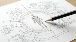 Technical drawing of human anatomy surrounded by mechanical gear components on paper sheet featuring blueprint style sketches and precise engineering measurements for architectural design.