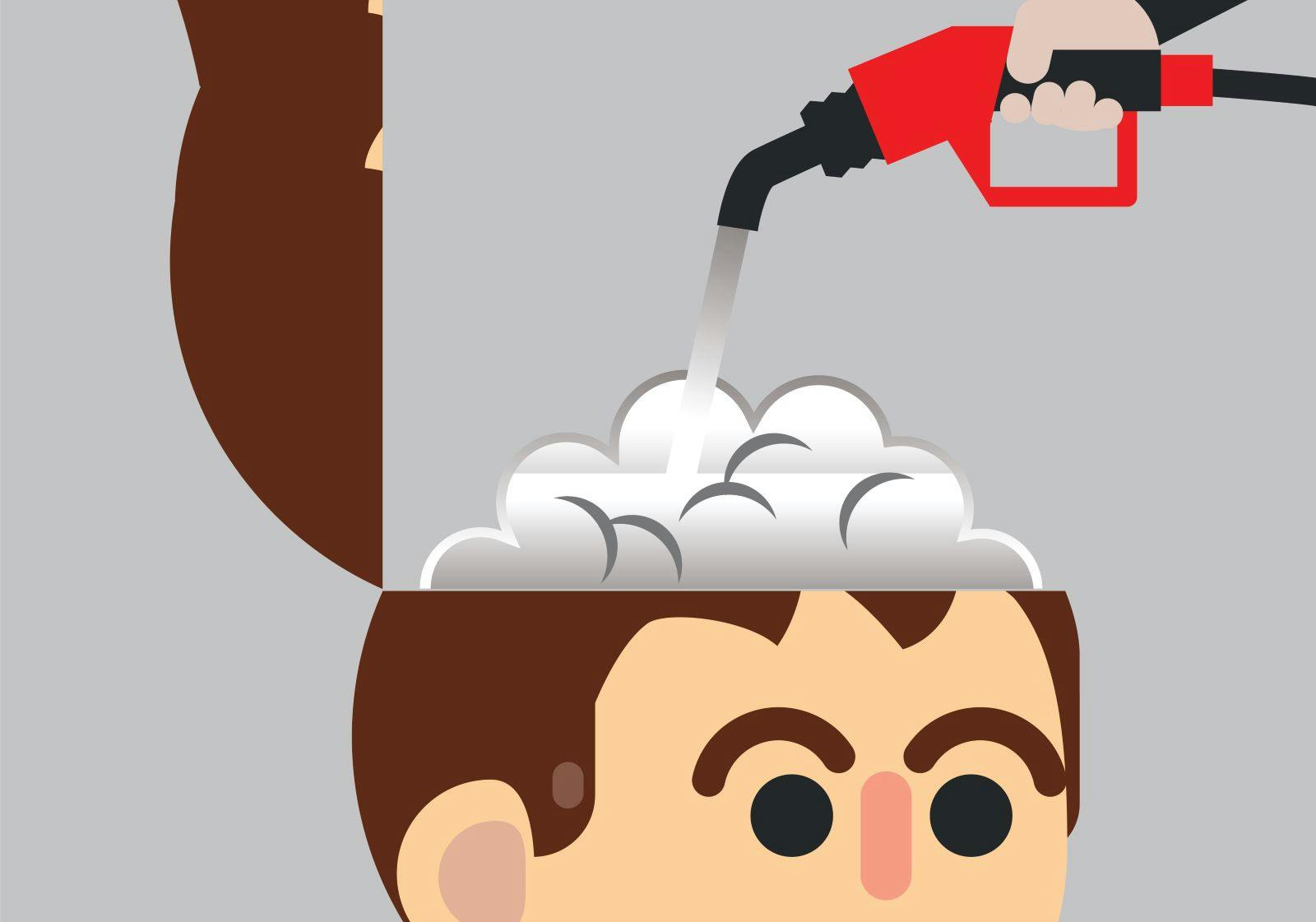 Cartoon graphic of a hand holding fuel nozzle pump refilling human brain
