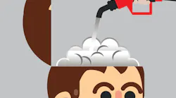 Cartoon graphic of a hand holding fuel nozzle pump refilling human brain