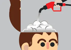 Cartoon graphic of a hand holding fuel nozzle pump refilling human brain
