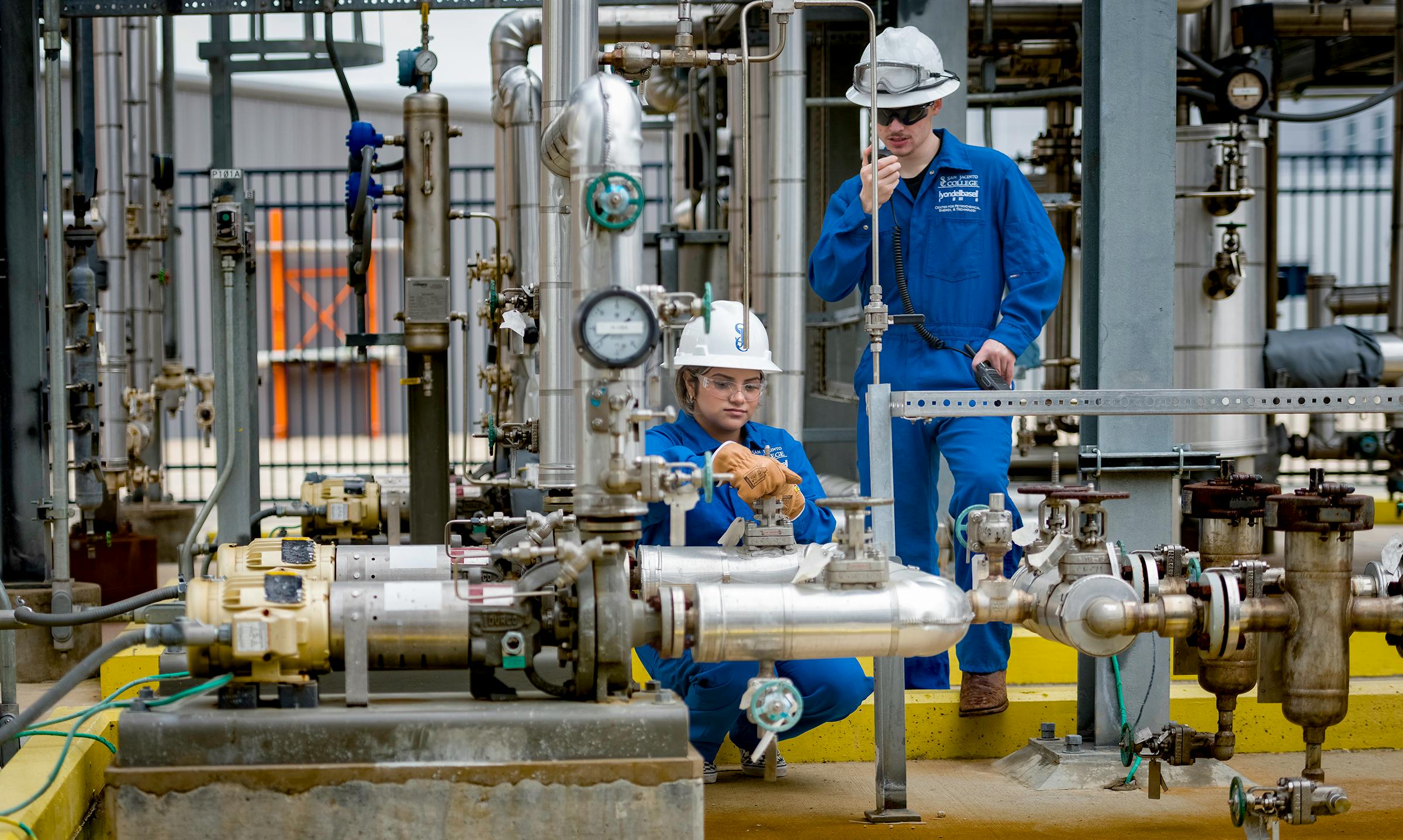 Figure 1: Two students get some hands-on time monitoring the equipment and systems in the glycol distillation unit at LyondellBasell&rsquo;s Center for Petrochemical Energy & Technology (CPET) at San Jacinto College in Pasadena, Texas. The unit has a 32-ft, eight-tray column, DeltaV distributed control system (DCS), embedded utilities, including cooling water, boiler and reverse osmosis, and 72 I/O with smart Rosemount transmitters.