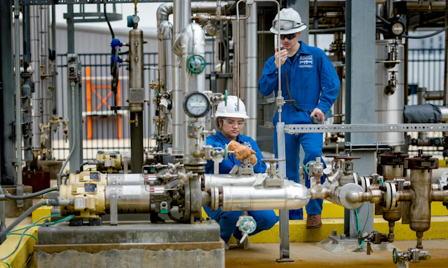 Figure 1: Two students get some hands-on time monitoring the equipment and systems in the glycol distillation unit at LyondellBasell&rsquo;s Center for Petrochemical Energy & Technology (CPET) at San Jacinto College in Pasadena, Texas. The unit has a 32-ft, eight-tray column, DeltaV distributed control system (DCS), embedded utilities, including cooling water, boiler and reverse osmosis, and 72 I/O with smart Rosemount transmitters.