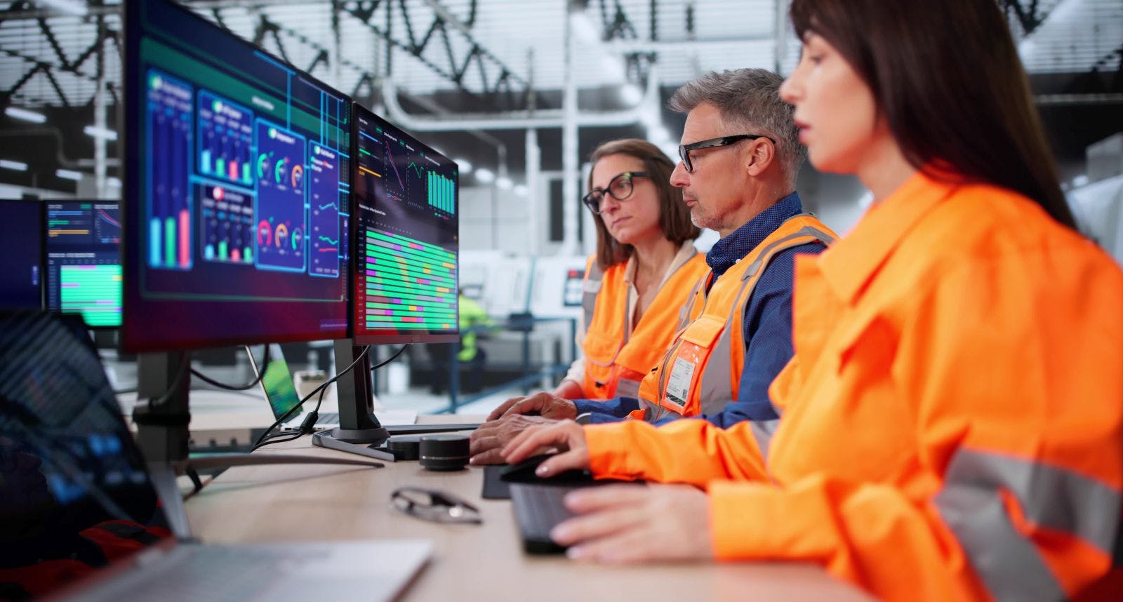 Technician In Modern Industrial Control Room Monitors SCADA For Automation.