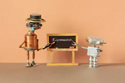 Student learner explains Pi mathematical constant irrational number 3.1415926535 for robot professor. Friendly robot teacher with pencil pointer. College classroom interior.