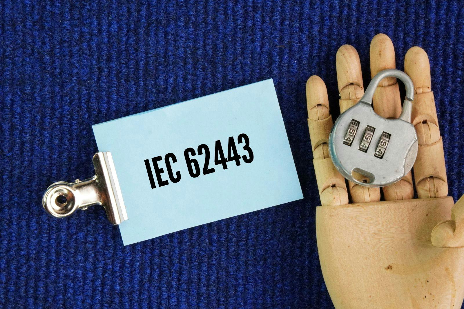 Lock with the words IEC 62443. international standards providing a framework to secure Industrial Automation and Control Systems IACS and Operational Technology OT networks from cyber threats