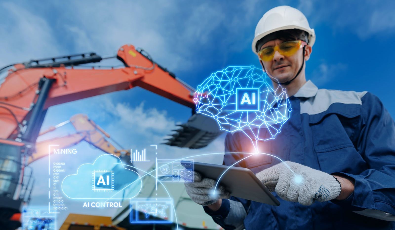 Miner with tablet and AI assistant control and diagnostic of excavator for mining industry.