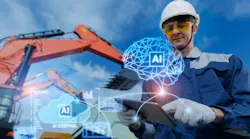 Miner with tablet and AI assistant control and diagnostic of excavator for mining industry.