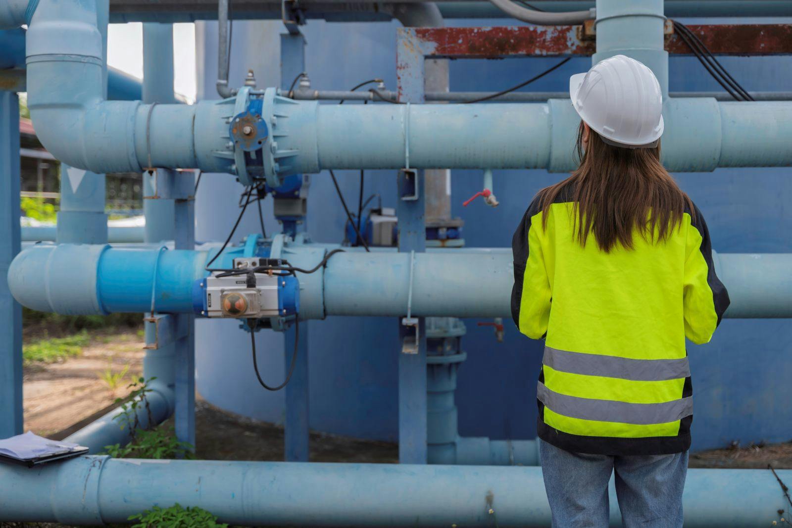 Female engineer inspecting water treatment pipelines with a digital tablet at a water supply plant. Concept of infrastructure, utility maintenance, water management and safety.