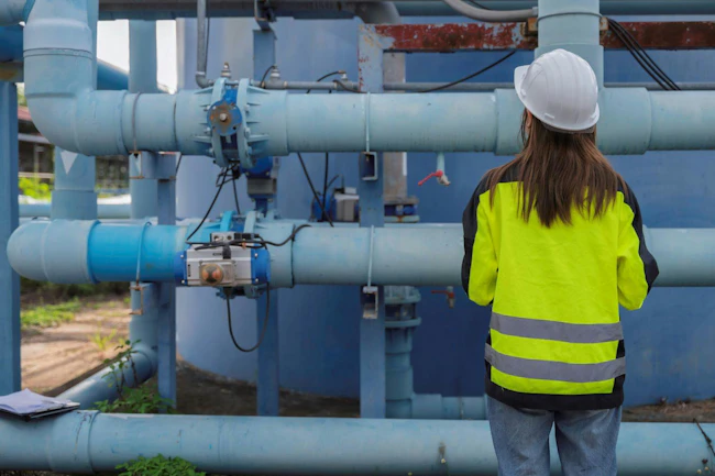 Female engineer inspecting water treatment pipelines with a digital tablet at a water supply plant. Concept of infrastructure, utility maintenance, water management and safety.