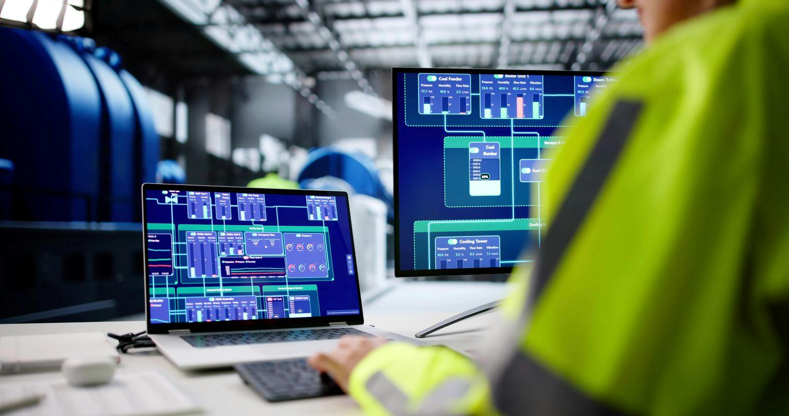 Female engineer manages oil and gas plant using AI technology on a laptop