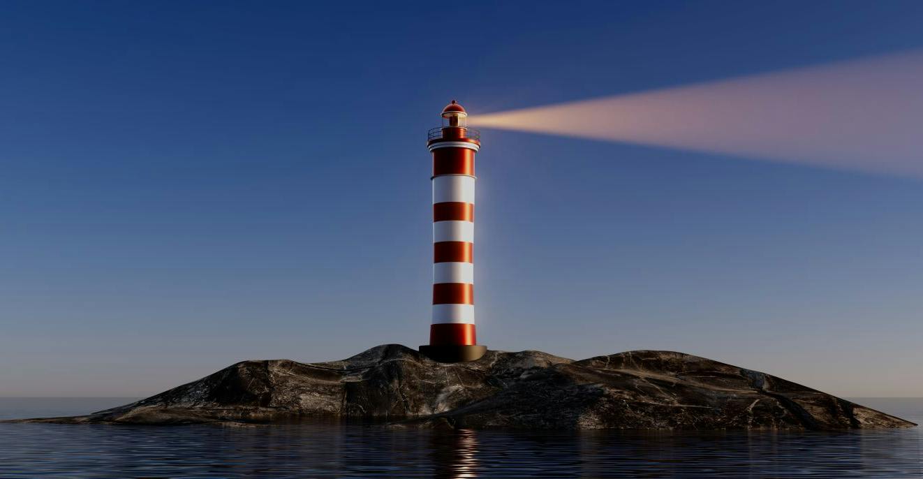 A night lighthouse with a bright beam of light illuminating the dark sea waves.