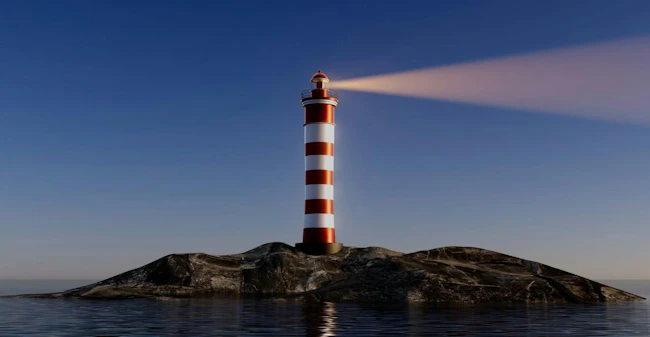A night lighthouse with a bright beam of light illuminating the dark sea waves.