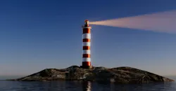 A night lighthouse with a bright beam of light illuminating the dark sea waves.