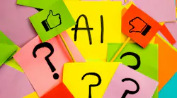 Yellow sticky note with black lettering saying AI with like and dislike flag on colored papers with question marks, concept of acceptance and dislike about the AI and the future