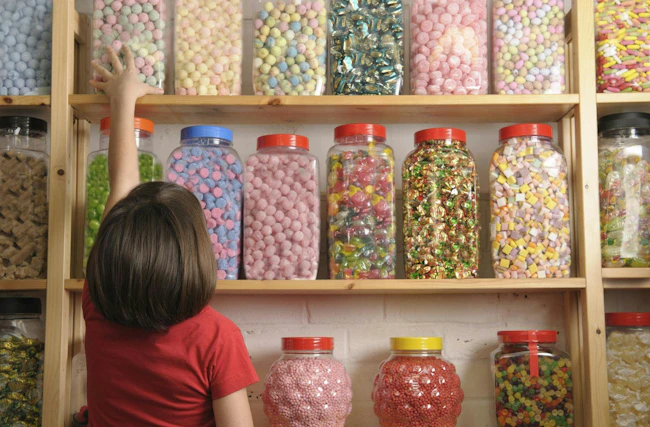 Young girl looking at rows of sweets in shop and reaching for a jar on the top shelf