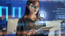 Lock hologram, tablet and woman with data analysis safety, software overlay and cyber security coding at night. Html, script and person reading with digital technology, gdpr and networking research