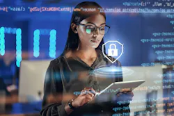 Lock hologram, tablet and woman with data analysis safety, software overlay and cyber security coding at night. Html, script and person reading with digital technology, gdpr and networking research