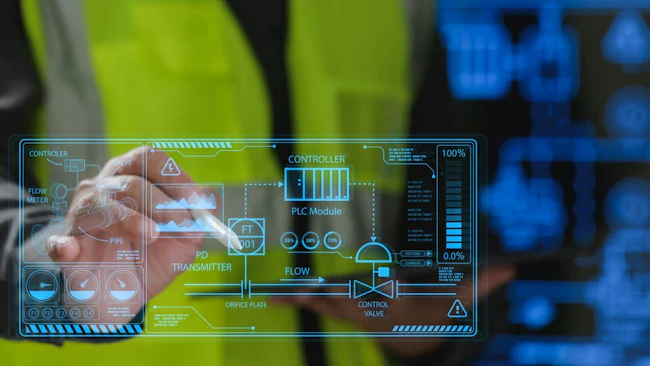 Dashboard software, dashboard analytics: manufacturing, industrial facility, technology, digital data network, factory industry, modern engineering worker engineer with software dashboard futuristic. background technology