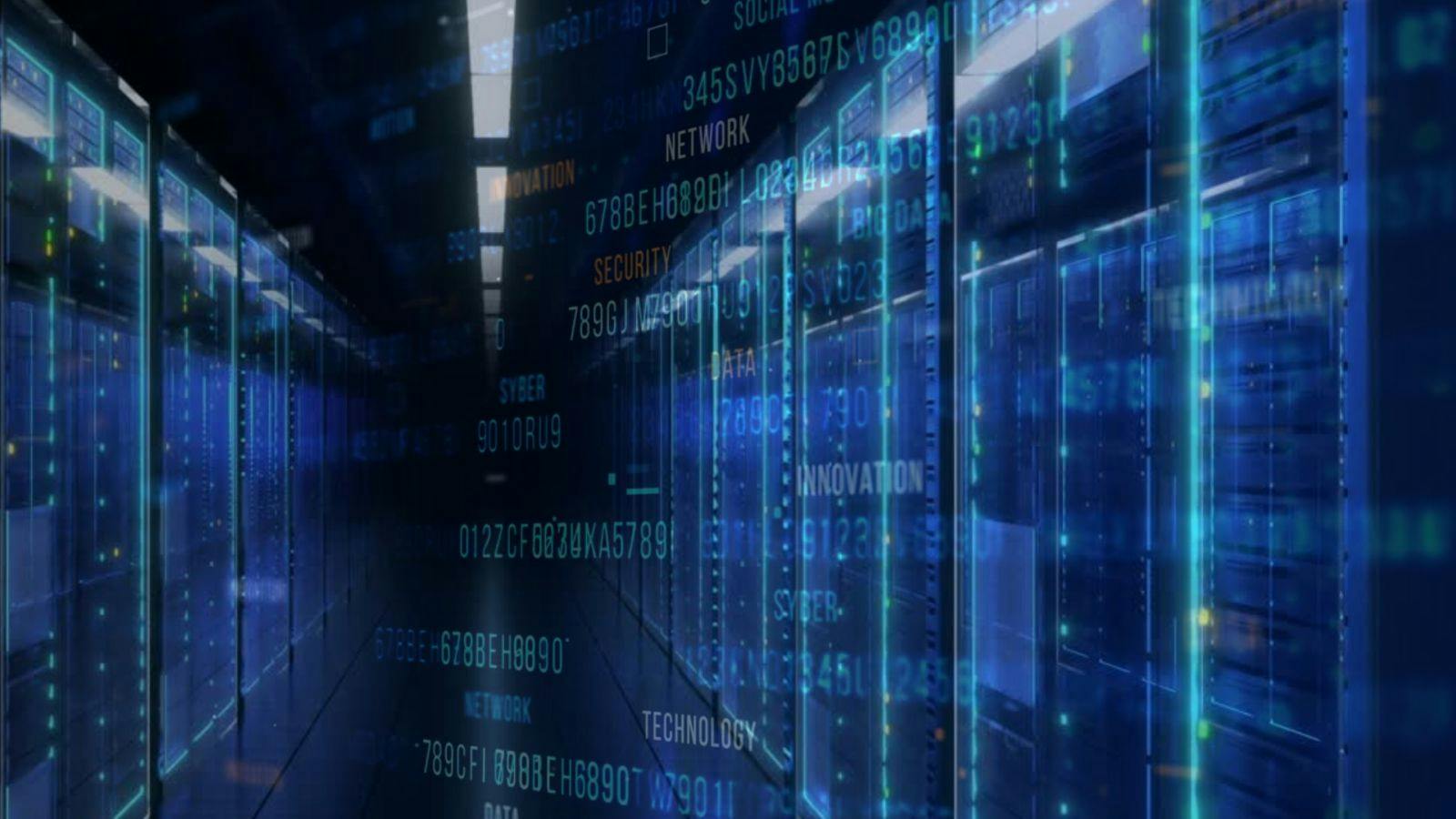Modern Data Center Server Room with Blue Digital Information Overlays Representing Global Network and Cybersecurity Infrastructure