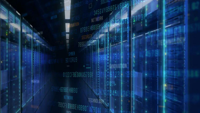 Modern Data Center Server Room with Blue Digital Information Overlays Representing Global Network and Cybersecurity Infrastructure