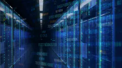 Modern Data Center Server Room with Blue Digital Information Overlays Representing Global Network and Cybersecurity Infrastructure