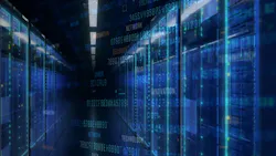 Modern Data Center Server Room with Blue Digital Information Overlays Representing Global Network and Cybersecurity Infrastructure