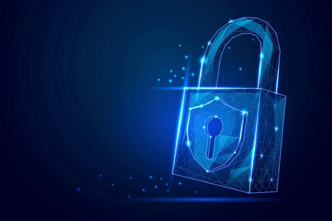 Vector illustraion of a futuristic polygonal wireframe padlock with glowing blue shield and keyhole, symbolizing cybersecurity and data protection.