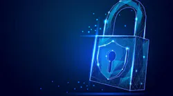 Vector illustraion of a futuristic polygonal wireframe padlock with glowing blue shield and keyhole, symbolizing cybersecurity and data protection.