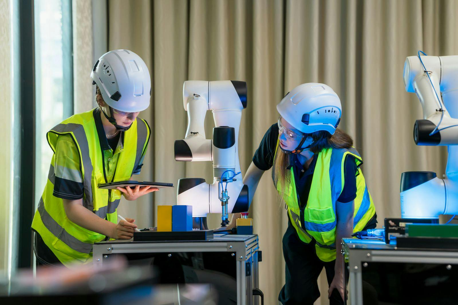 Two people wearing yellow vests and helmets are working on a robot.
